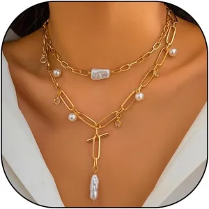 Baroque Pearl Pendant Necklace Sets for Women Boho Chunky Paper Clip Chain Bead Collarbone Choker Layered Adjustable Pearl Thick Necklace Jewelry Gift