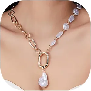 Baroque Pearl Pendant Statement Necklace for Women,Bohemia Adjustable Pearl Mixed Chain Collarbone Choker,Exaggerated Pearl Necklace Holiday Jewelry