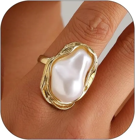 Baroque Pearl Ring for Women - Adjustable Irregularity Statement Ring - Vintage White Big Faux Pearl Finger Ring - Fashion Wedding Jewelry