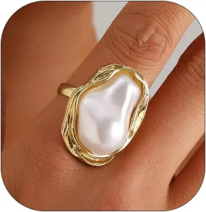 Baroque Pearl Ring for Women - Adjustable Irregularity Statement Ring - Vintage White Big Faux Pearl Finger Ring - Fashion Wedding Jewelry