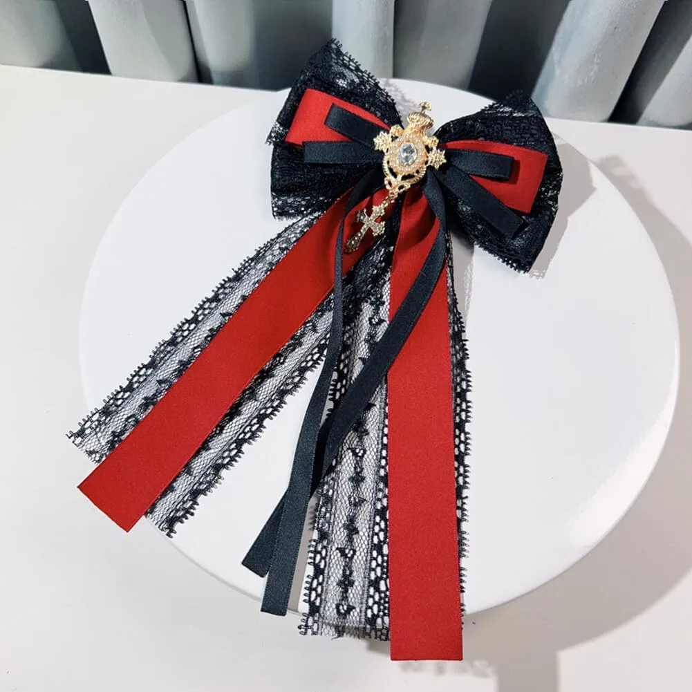 Baroque Retro Rhinestone Lolita Ribbon bow Brooches Pin for Women Men Girls Lace Corsage Pin Party Halloween delicate accessory
