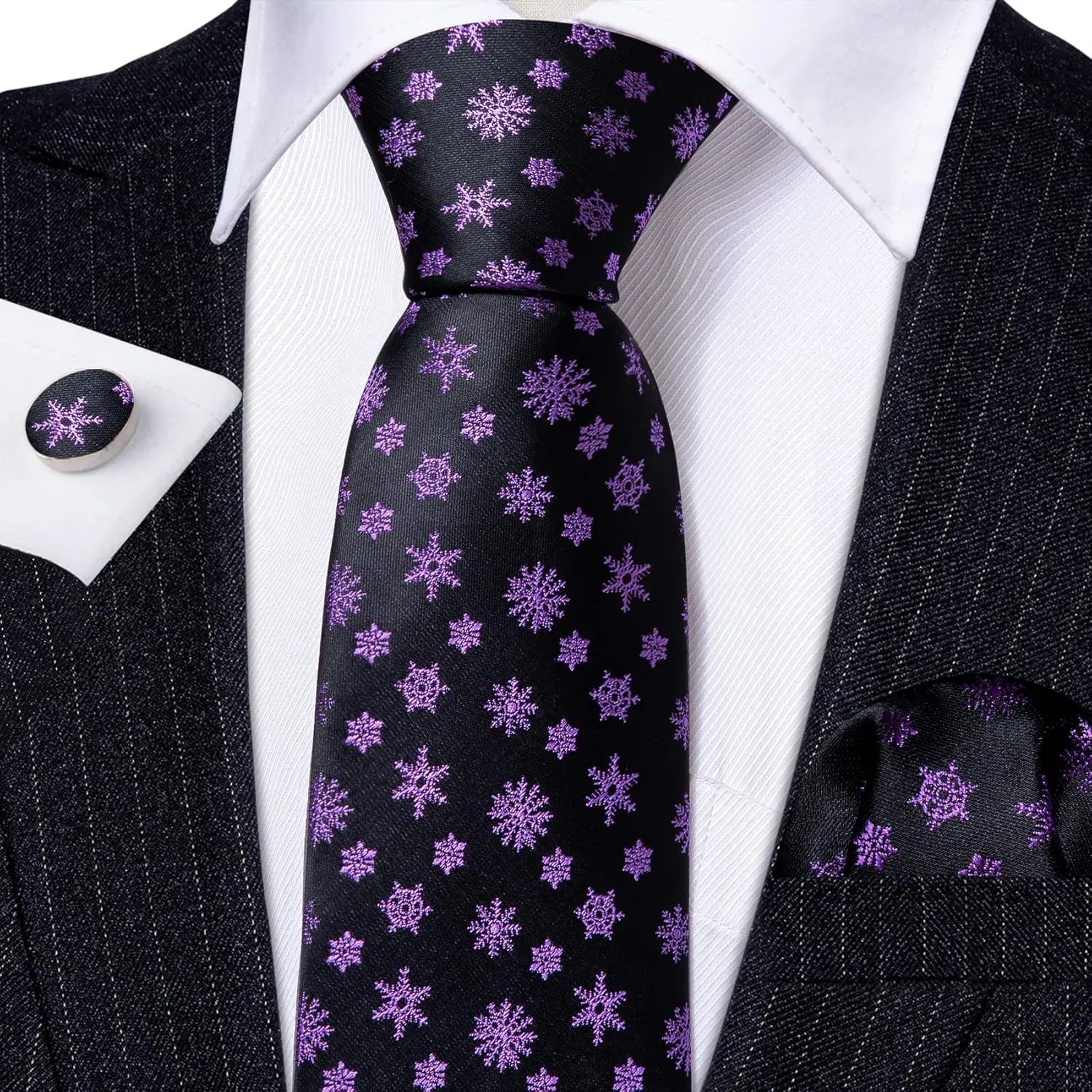 Barry.Wang Christmas Ties for Men Xmas Holiday Neckties Pocket Square Cufflinks Set Party Vacation