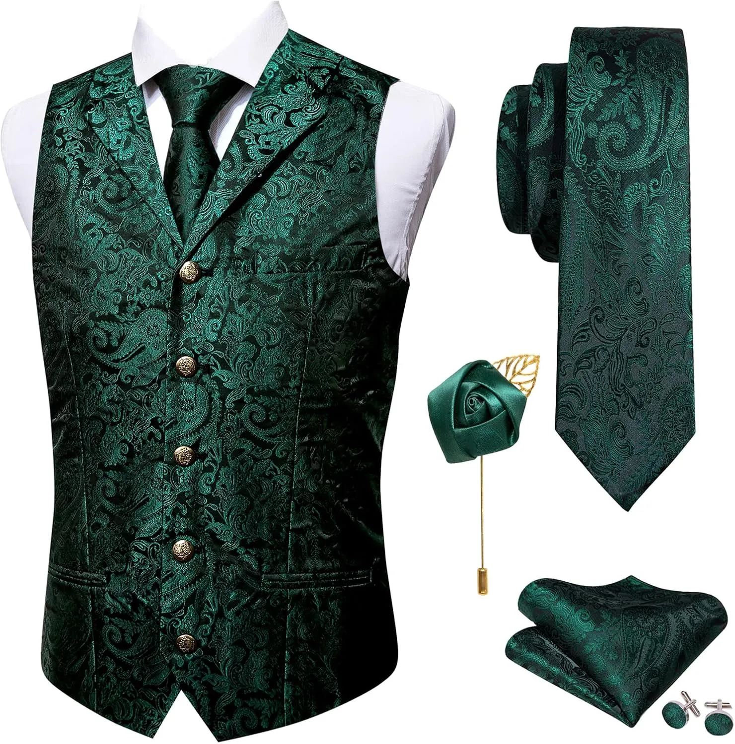 Barry.Wang Mens Paisley Formal Silk Jacquard Suit Vest Tailored Collar Waistcoat Tie Clip Set 5PCS Wedding Party Tuxedo