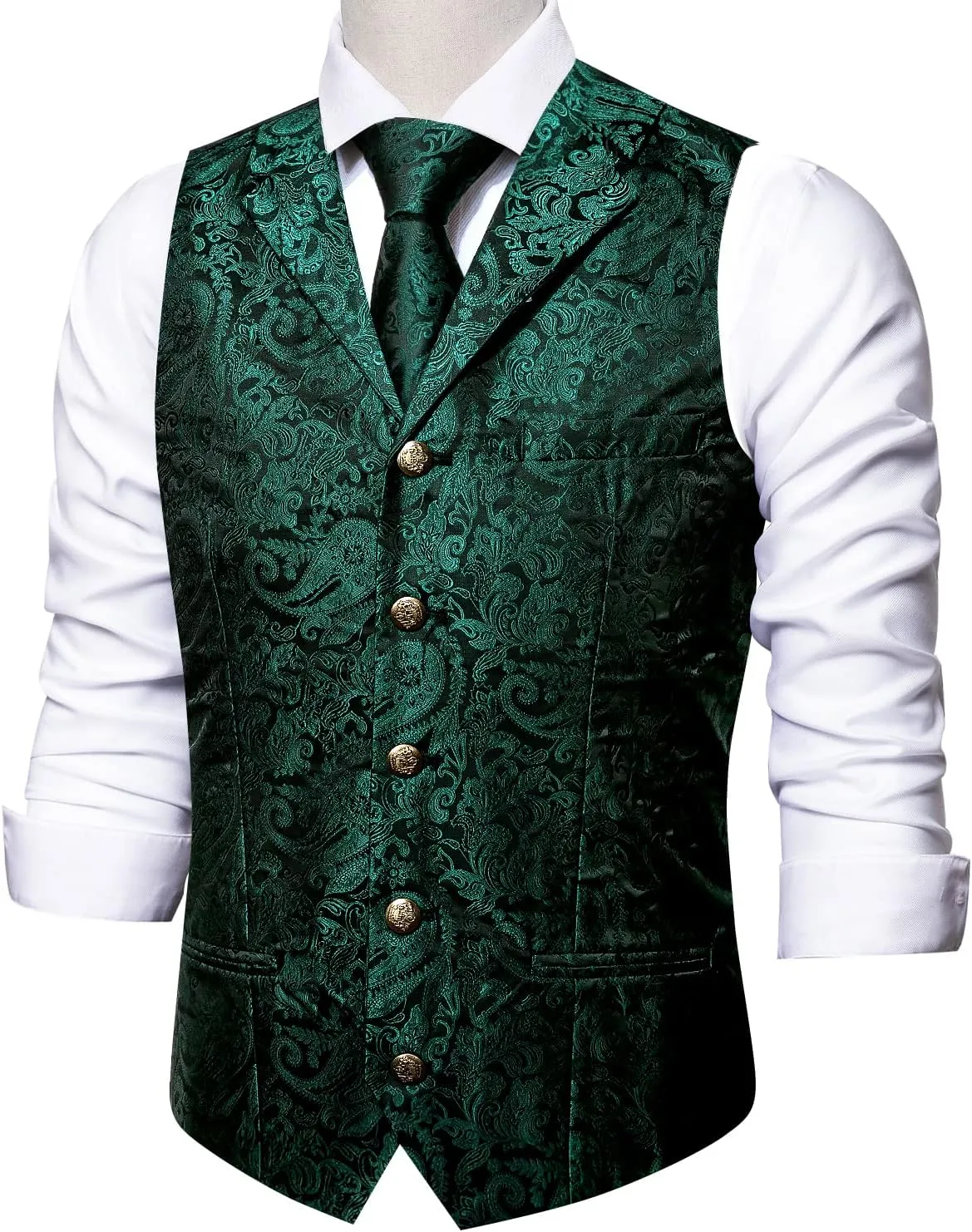 Barry.Wang Mens Paisley Formal Silk Jacquard Suit Vest Tailored Collar Waistcoat Tie Clip Set 5PCS Wedding Party Tuxedo