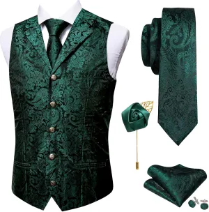 Barry.Wang Mens Paisley Formal Silk Jacquard Suit Vest Tailored Collar Waistcoat Tie Clip Set 5PCS Wedding Party Tuxedo