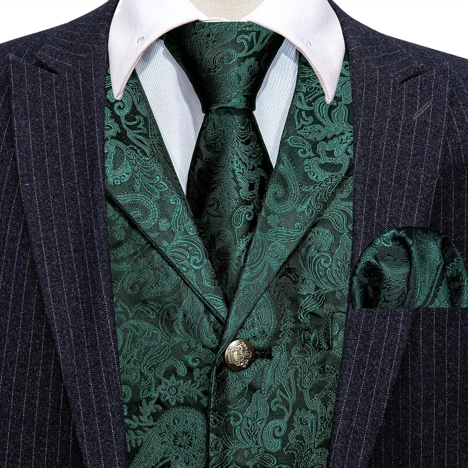 Barry.Wang Mens Paisley Formal Silk Jacquard Suit Vest Tailored Collar Waistcoat Tie Clip Set 5PCS Wedding Party Tuxedo