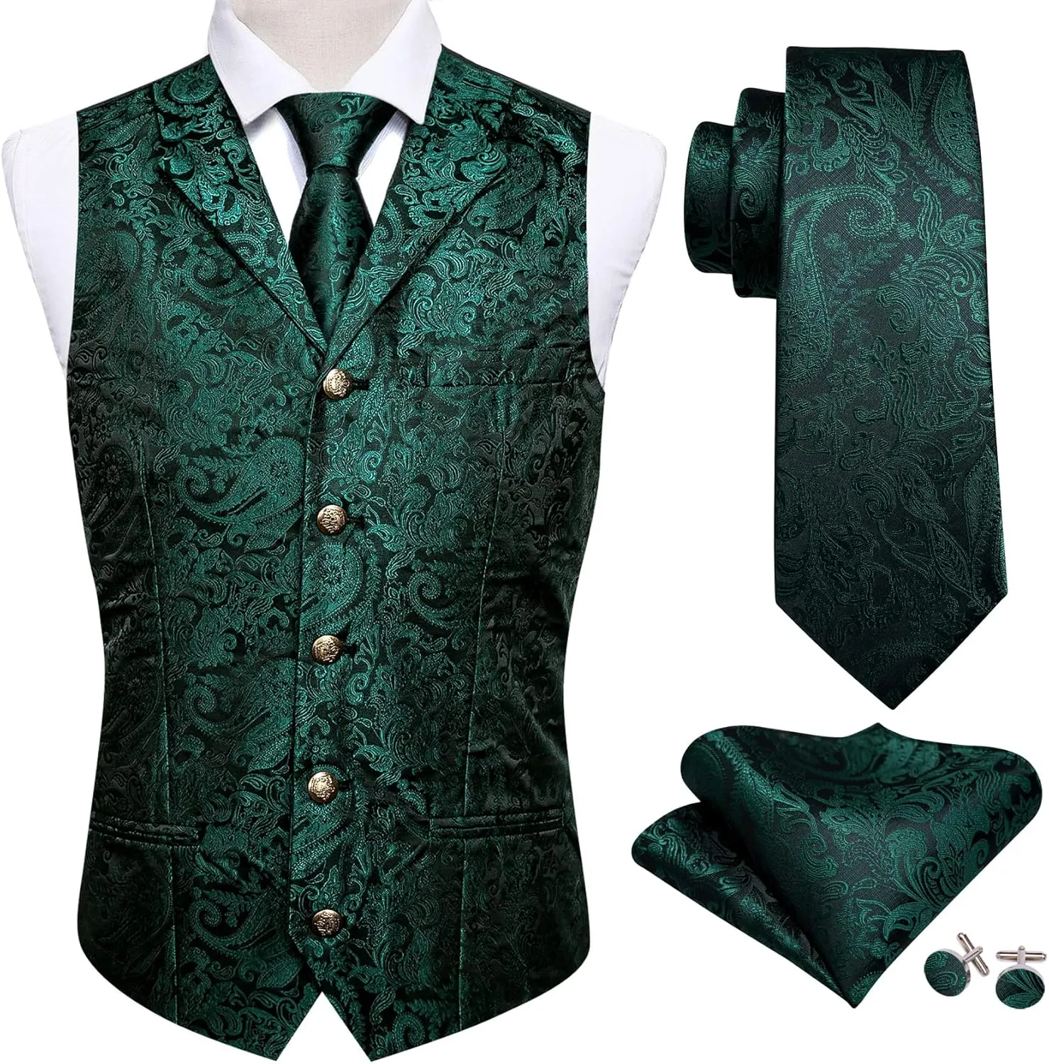 Barry.Wang Mens Paisley Formal Silk Jacquard Suit Vest Tailored Collar Waistcoat Tie Clip Set 5PCS Wedding Party Tuxedo