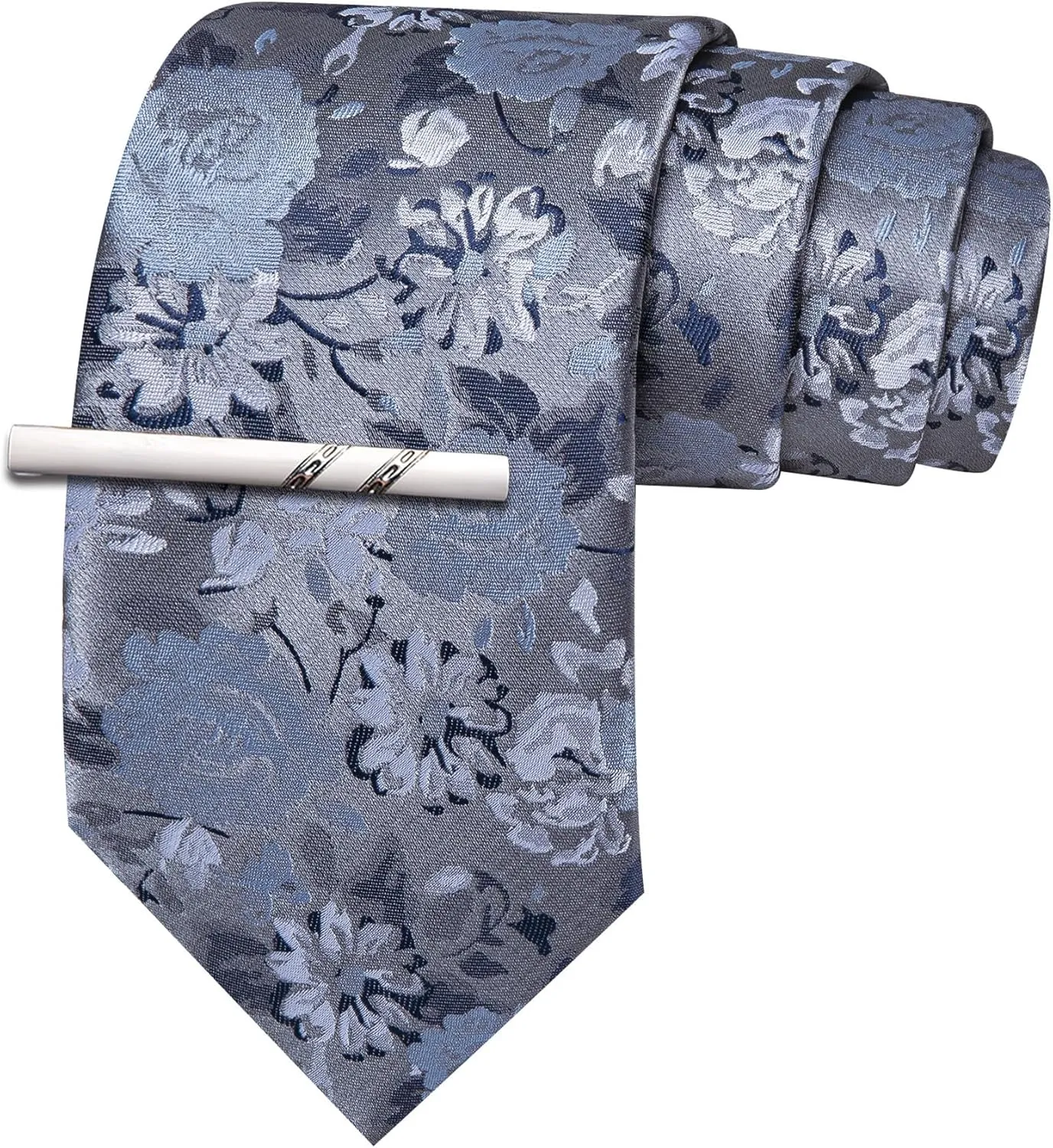 Barry.Wang Paisley/Floral Men Necktie with Tie Clip Silk Tie Formal Wedding Party Business