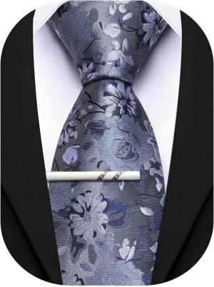 Barry.Wang Paisley/Floral Men Necktie with Tie Clip Silk Tie Formal Wedding Party Business