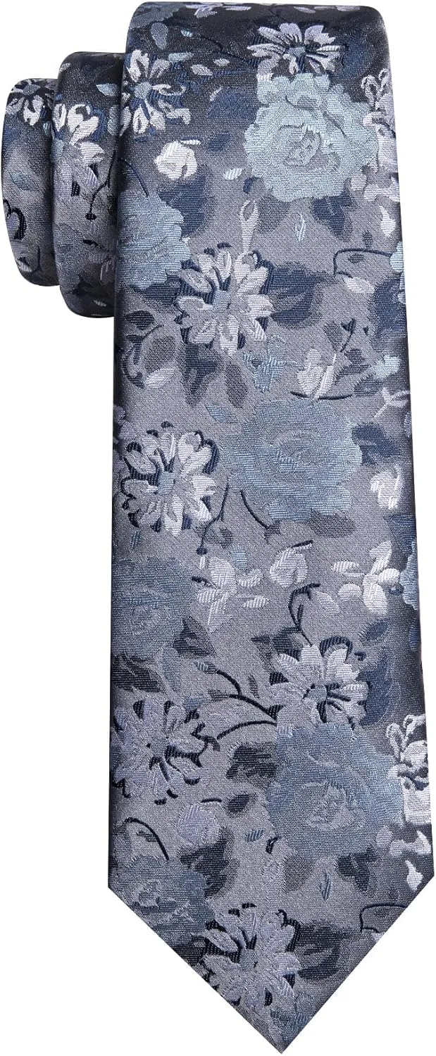 Barry.Wang Paisley/Floral Men Necktie with Tie Clip Silk Tie Formal Wedding Party Business