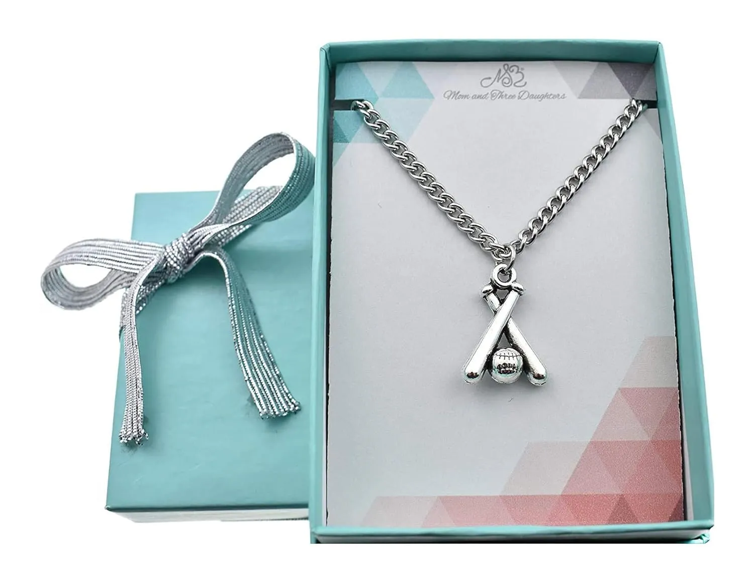 Baseball and Bat Necklace Silver Toned Metal on a 16" Stainless Steel Curb Chain. Boys Jewelry. Baseball Mom. Gifts for Boys 8-10. Sports Jewelry.