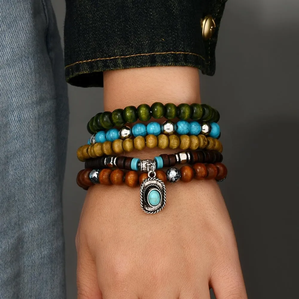 Beaded Bracelet Women Men Stacked Stretch Wristband Wooden Bead Bracelet Bohemian Layered butterfly Bracelet Summer Beach Planet Lava Gemstone Relief Anxiety Jewelry 5 Pieces