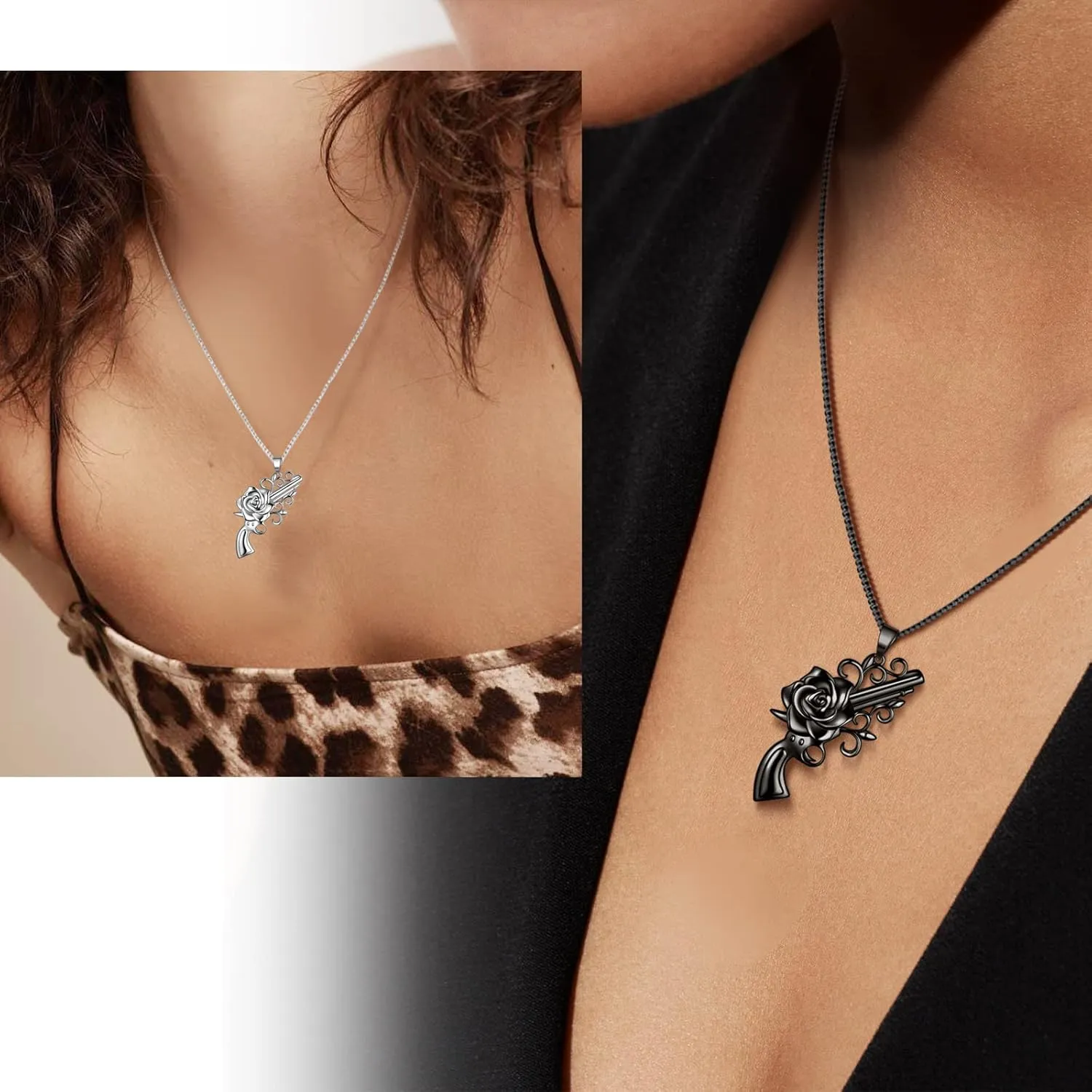 beautlace Rose Gun Necklaces Sliver/Black Gun Plated Unisex Style Punk Rapper Flower Gun Pendant Necklace for Men and Women KP0214