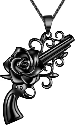 beautlace Rose Gun Necklaces Sliver/Black Gun Plated Unisex Style Punk Rapper Flower Gun Pendant Necklace for Men and Women KP0214