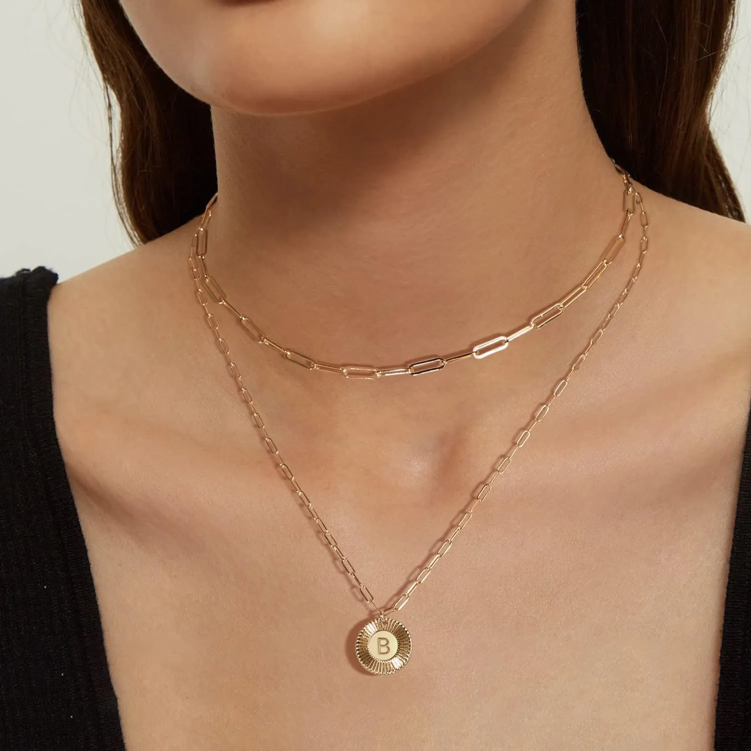 BENEIGE Layered Necklace for Women 14K Gold Plated Initial Disc Choker Necklace Paperclip Engraved Letter Pendant Chain Necklace for Holiday Jewelry Gifts