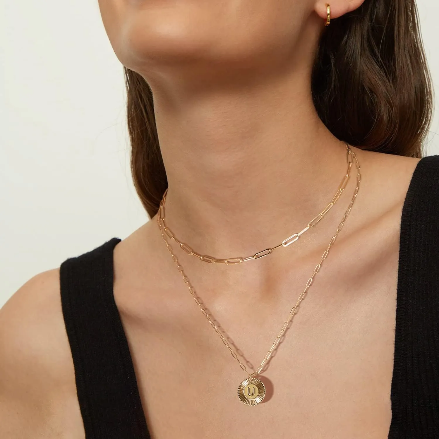 BENEIGE Layered Necklace for Women 14K Gold Plated Initial Disc Choker Necklace Paperclip Engraved Letter Pendant Chain Necklace for Holiday Jewelry Gifts