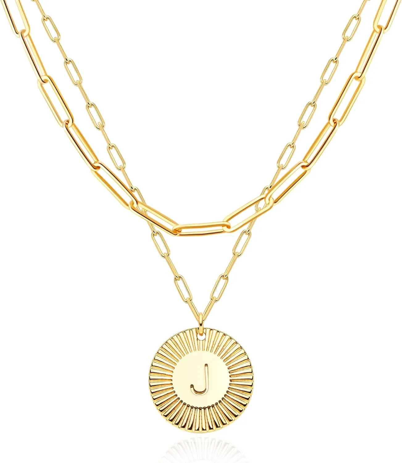 BENEIGE Layered Necklace for Women 14K Gold Plated Initial Disc Choker Necklace Paperclip Engraved Letter Pendant Chain Necklace for Holiday Jewelry Gifts