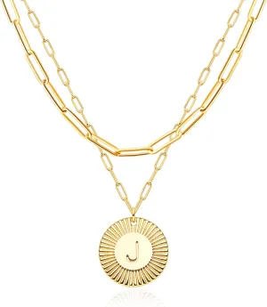 BENEIGE Layered Necklace for Women 14K Gold Plated Initial Disc Choker Necklace Paperclip Engraved Letter Pendant Chain Necklace for Holiday Jewelry Gifts