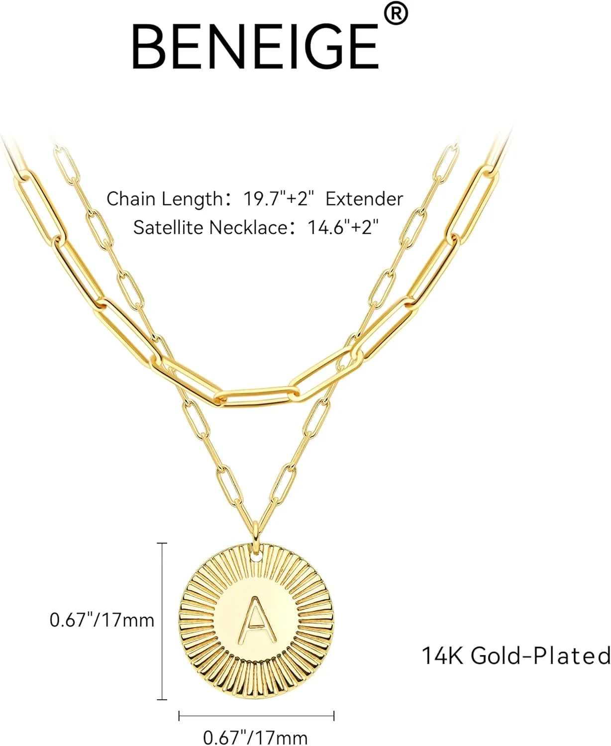 BENEIGE Layered Necklace for Women 14K Gold Plated Initial Disc Choker Necklace Paperclip Engraved Letter Pendant Chain Necklace for Holiday Jewelry Gifts