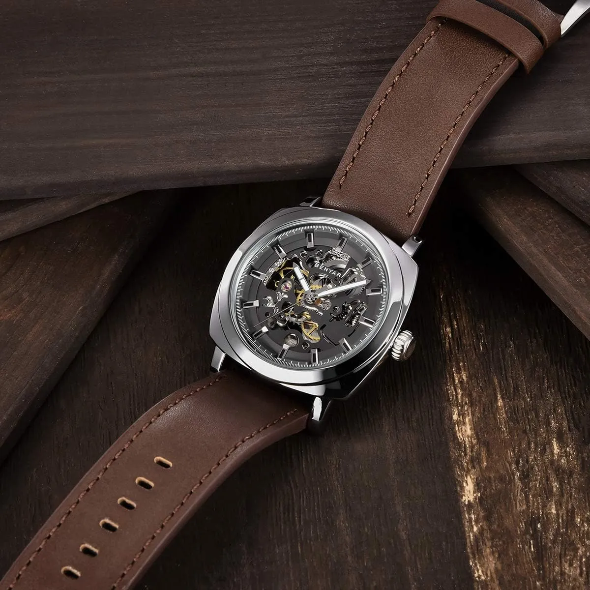 Benyar Automatic Watches for Men | Skeleton Mechanical Leather Strap Mens Watch | 45mm Dial | 30M Waterproof | Men's Stylish Gift