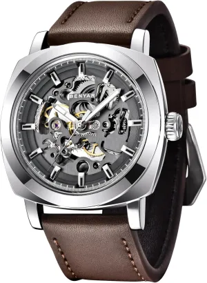 Benyar Automatic Watches for Men | Skeleton Mechanical Leather Strap Mens Watch | 45mm Dial | 30M Waterproof | Men's Stylish Gift