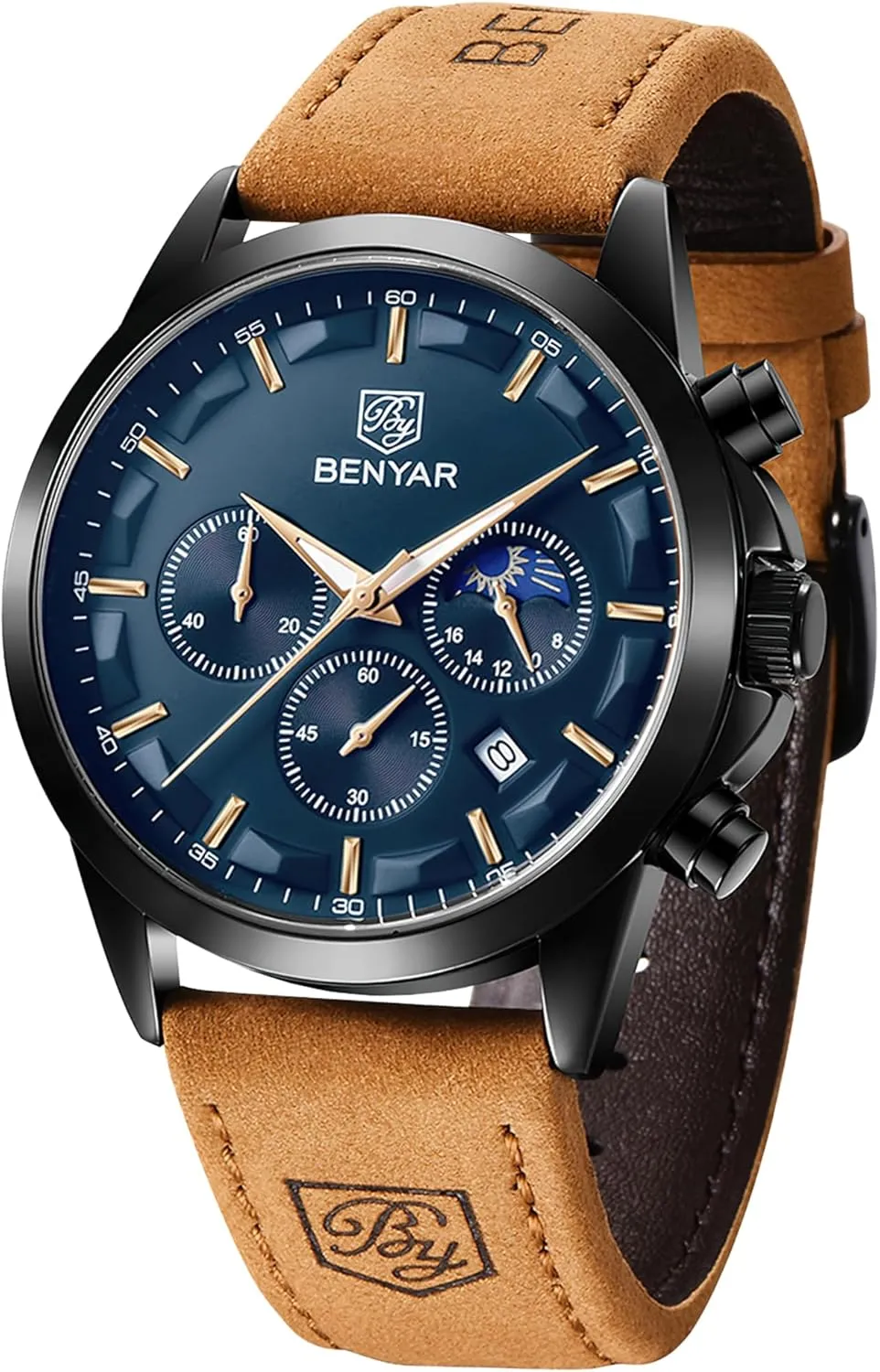 BENYAR Mens Watches Chronograph Analog Quartz Watch Silver Black Stainless Steel Watch for Men Stylish Business Sports Waterproof Wristwatch Elegant Gift Brown Leather Strap