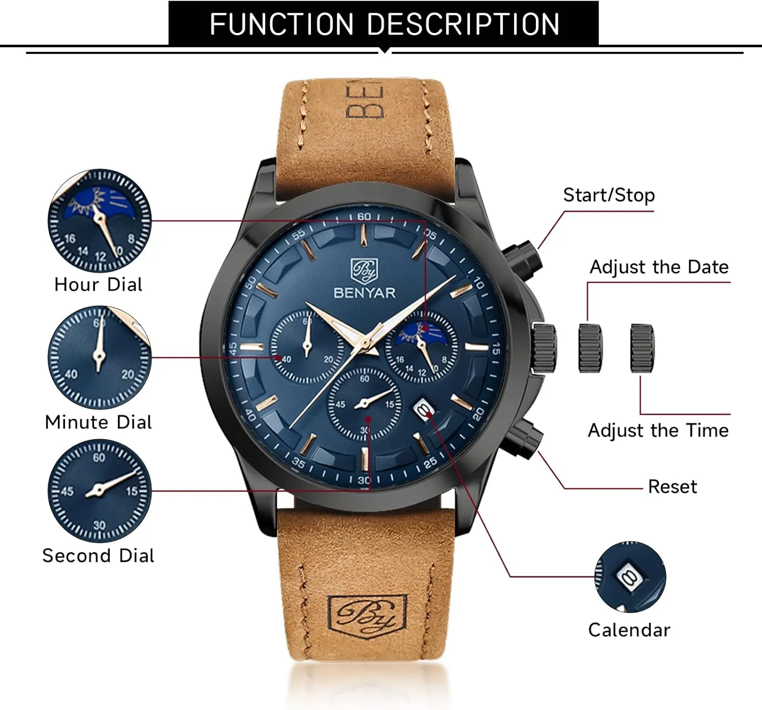 BENYAR Mens Watches Chronograph Analog Quartz Watch Silver Black Stainless Steel Watch for Men Stylish Business Sports Waterproof Wristwatch Elegant Gift Brown Leather Strap