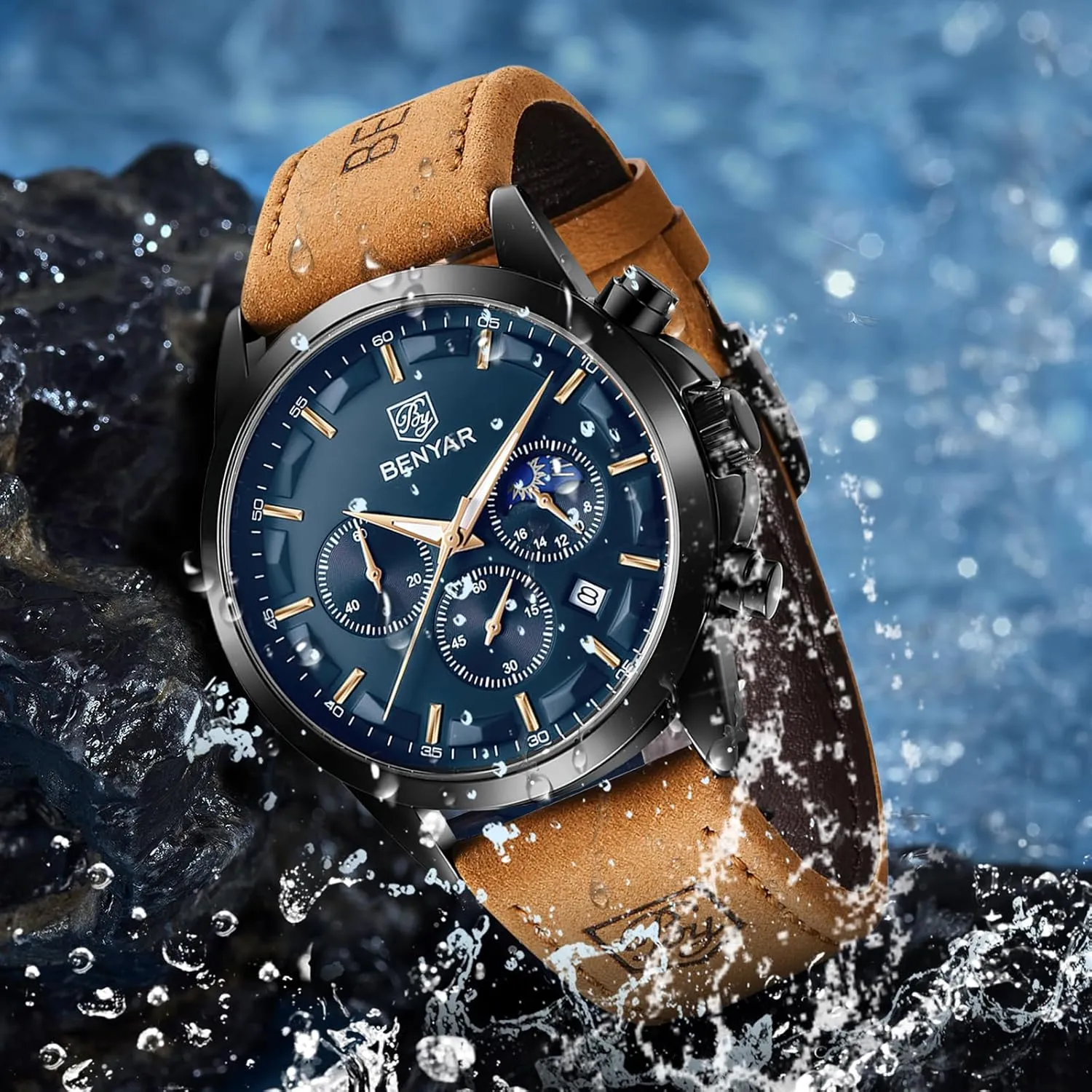 BENYAR Mens Watches Chronograph Analog Quartz Watch Silver Black Stainless Steel Watch for Men Stylish Business Sports Waterproof Wristwatch Elegant Gift Brown Leather Strap