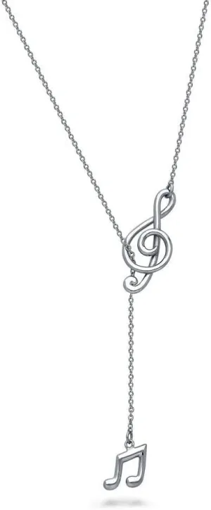BERRICLE Sterling Silver Treble Clef Music Note Fashion Lariat Necklace for Women, Rhodium Plated 17.5 inch