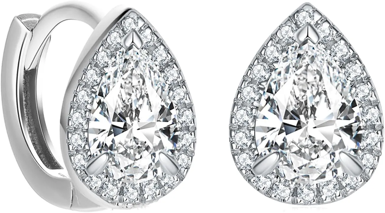 BG&WLing Teardrop CZ Crystal Hoop Earrings for Women Pear Shaped Cubic Zirconia Silver Plated Huggie Earring Elegant Wedding Earrings for Bride Bridesmaid