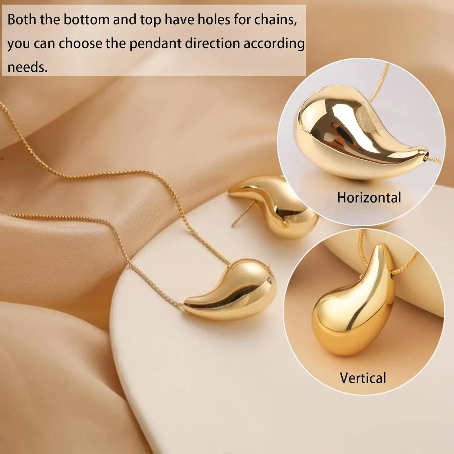 Bi&Yamigeo Teardrop Necklace Earring set,18K Gold Stainless Steel Tear Drop Necklaces Earrings Ring Jewelry,Adjustable Layered Choker Box Chain Waterdrop Pendant Necklace for Women