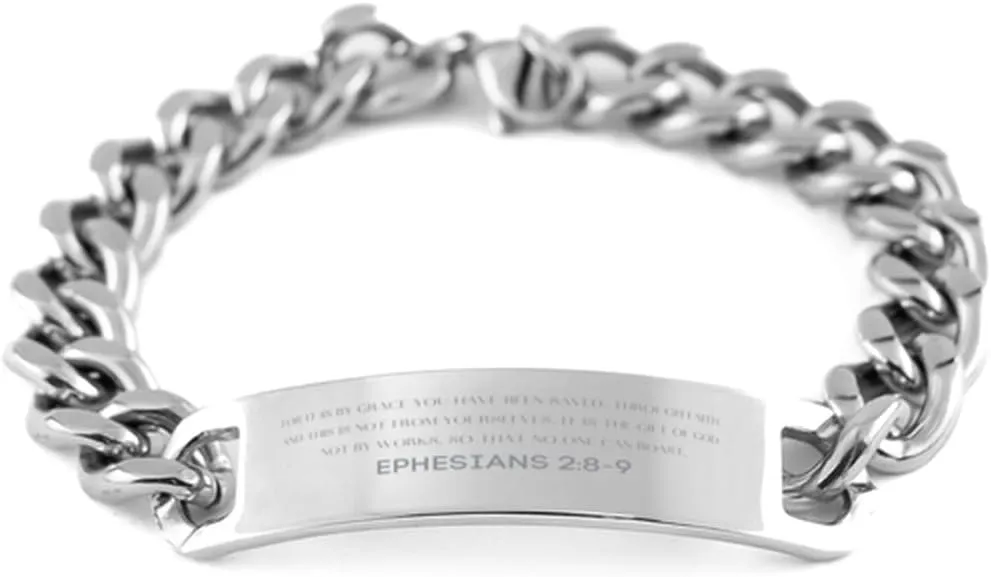 Bible Verse Ephesians 2:8-9 Christian Cuban Chain Bracelet Personalized Gifts Message Prayer Ephesians 2:8-9 Religious Bracelets for Women Men Ephesians 2:8-9 Bible Verse Faith Adjustable Engrave