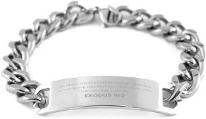 Bible Verse Exodus 15:2 Christian Cuban Chain Bracelet Personalized Gifts Message Prayer Exodus 15:2 Religious Bracelets for Women Men Exodus 15:2 Bible Verse Faith Adjustable Engraved Bracelet T