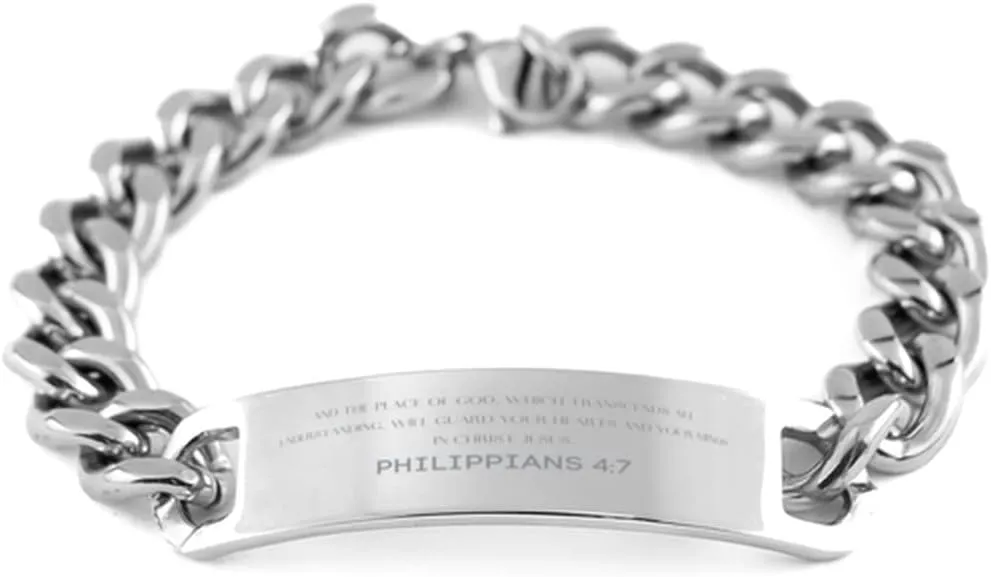 Bible Verse Philippians 4:7 Christian Cuban Chain Bracelet Personalized Gifts Message Prayer Philippians 4:7 Religious Bracelets for Women Men Philippians 4:7 Bible Verse Faith Adjustable Engraved