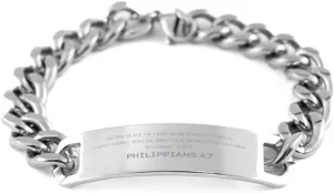 Bible Verse Philippians 4:7 Christian Cuban Chain Bracelet Personalized Gifts Message Prayer Philippians 4:7 Religious Bracelets for Women Men Philippians 4:7 Bible Verse Faith Adjustable Engraved