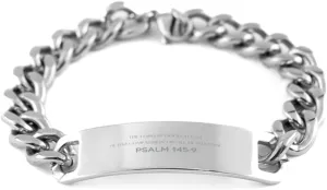 Bible Verse Psalm 145:9 Christian Cuban Chain Bracelet Personalized Gifts Message Prayer Psalm 145:9 Religious Bracelets for Women Men Psalm 145:9 Bible Verse Faith Adjustable Engraved Bracelet The