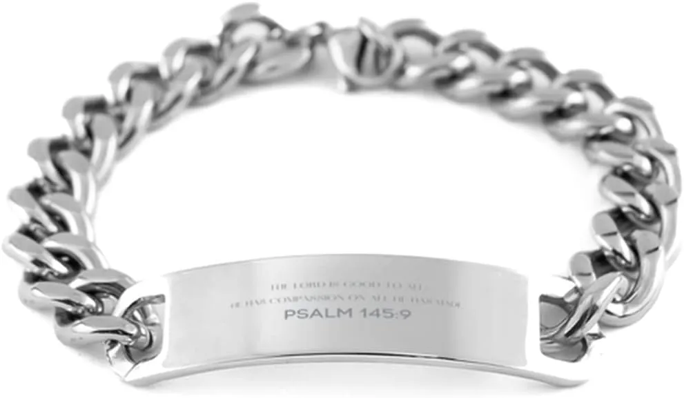 Bible Verse Psalm 145:9 Christian Cuban Chain Bracelet Personalized Gifts Message Prayer Psalm 145:9 Religious Bracelets for Women Men Psalm 145:9 Bible Verse Faith Adjustable Engraved Bracelet The