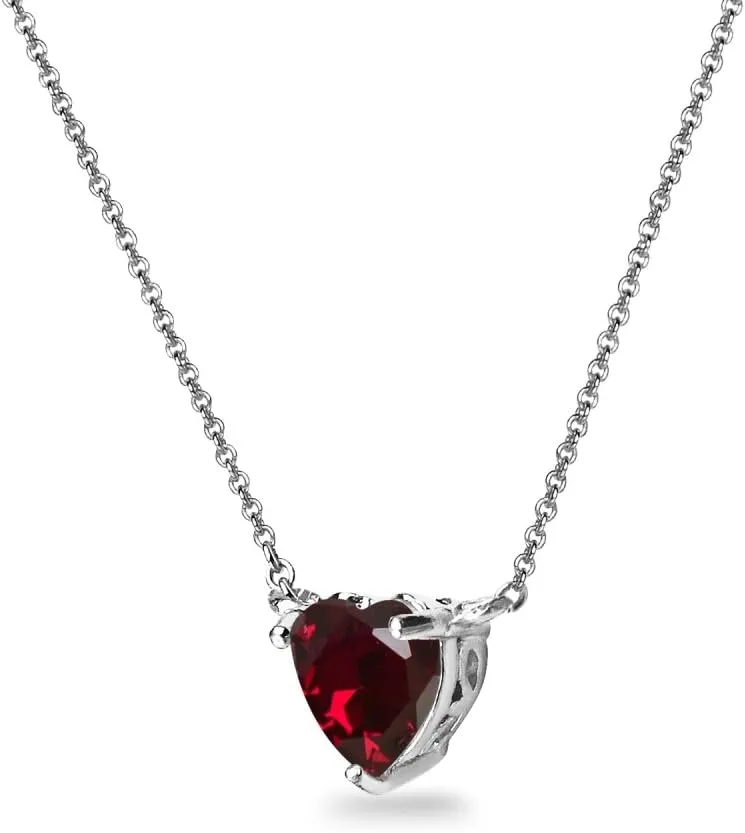 Birthstone Necklace for Women - Genuine or Synthetic Gemstone, 7mm Heart Solitaire, Short Dainty Layered Choker, Silver