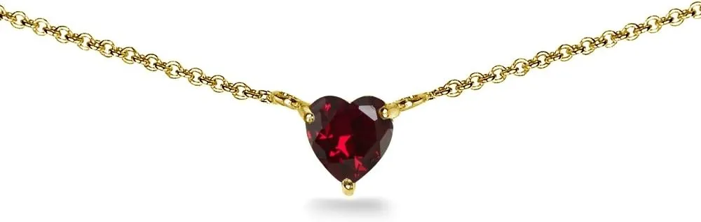 Birthstone Necklace for Women - Genuine or Synthetic Gemstone, 7mm Heart Solitaire, Short Dainty Layered Choker, Silver