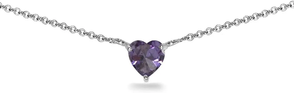 Birthstone Necklace for Women - Genuine or Synthetic Gemstone, 7mm Heart Solitaire, Short Dainty Layered Choker, Silver
