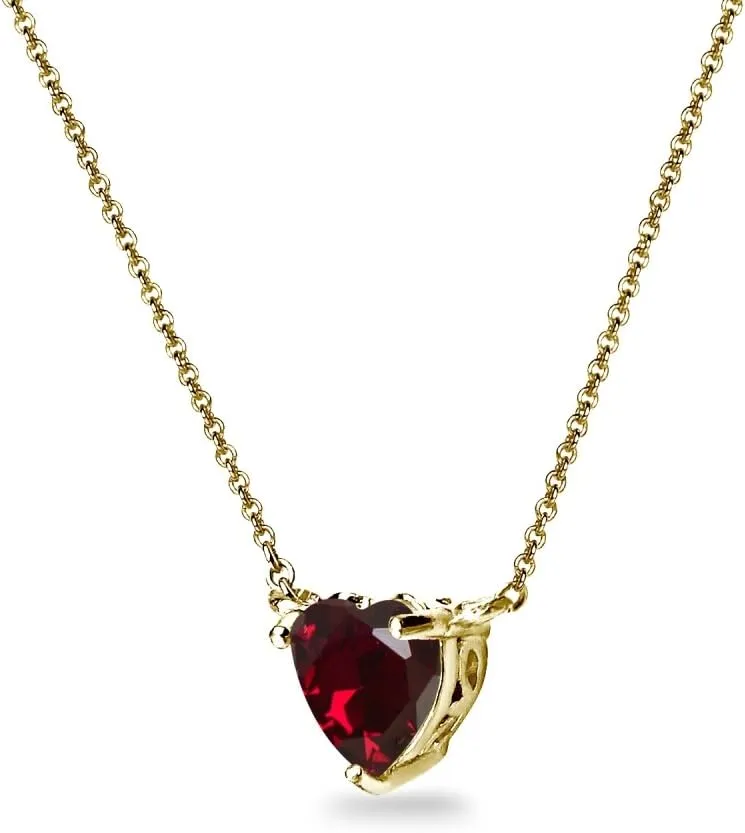 Birthstone Necklace for Women - Genuine or Synthetic Gemstone, 7mm Heart Solitaire, Short Dainty Layered Choker, Silver