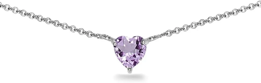 Birthstone Necklace for Women - Genuine or Synthetic Gemstone, 7mm Heart Solitaire, Short Dainty Layered Choker, Silver