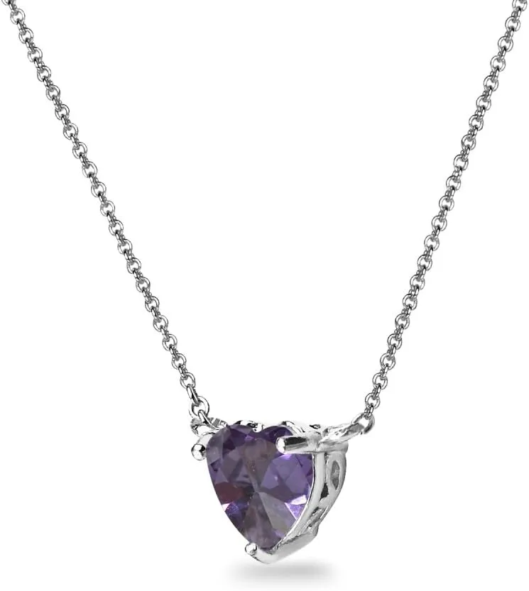 Birthstone Necklace for Women - Genuine or Synthetic Gemstone, 7mm Heart Solitaire, Short Dainty Layered Choker, Silver