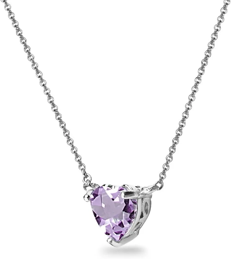 Birthstone Necklace for Women - Genuine or Synthetic Gemstone, 7mm Heart Solitaire, Short Dainty Layered Choker, Silver