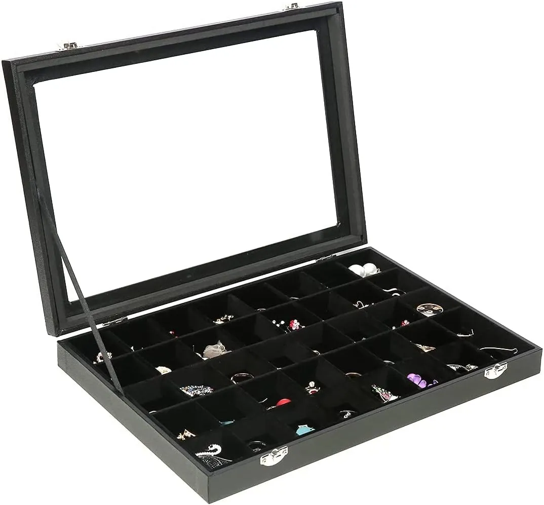 Black 40 Grid Jewelry Organizer Display Box with Transparent lid Velvet Earring Organizer Case Jewelry Storage Box,Jewelry Case For Drawers,Jewelry Tray For Ring,Earring.Gift for Women Girls