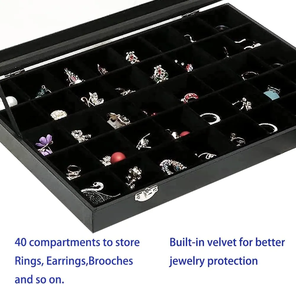 Black 40 Grid Jewelry Organizer Display Box with Transparent lid Velvet Earring Organizer Case Jewelry Storage Box,Jewelry Case For Drawers,Jewelry Tray For Ring,Earring.Gift for Women Girls