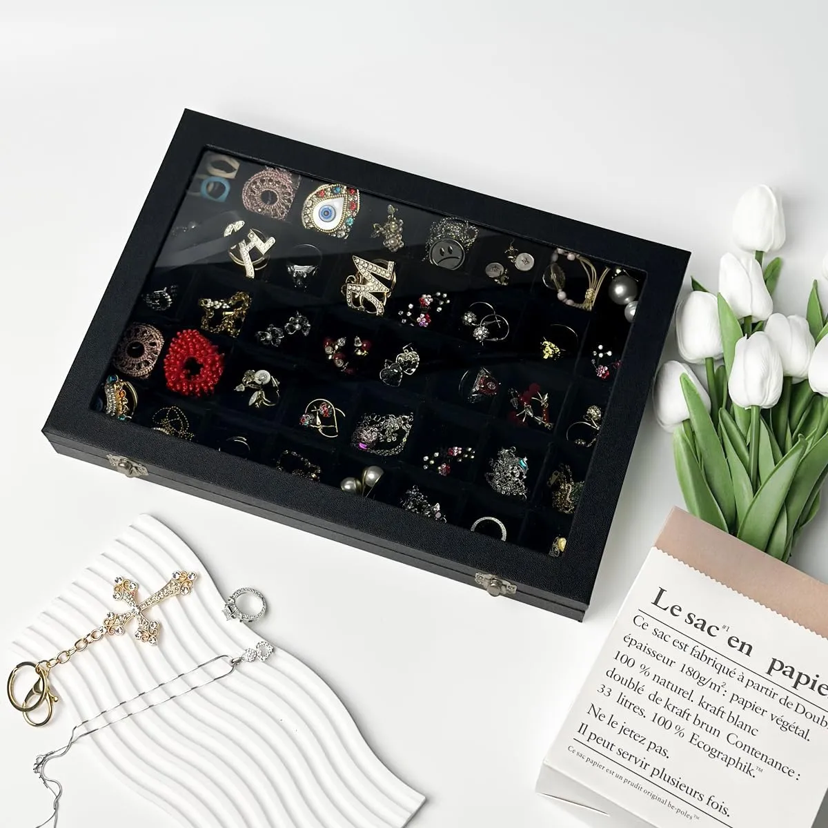 Black 40 Grid Jewelry Organizer Display Box with Transparent lid Velvet Earring Organizer Case Jewelry Storage Box,Jewelry Case For Drawers,Jewelry Tray For Ring,Earring.Gift for Women Girls