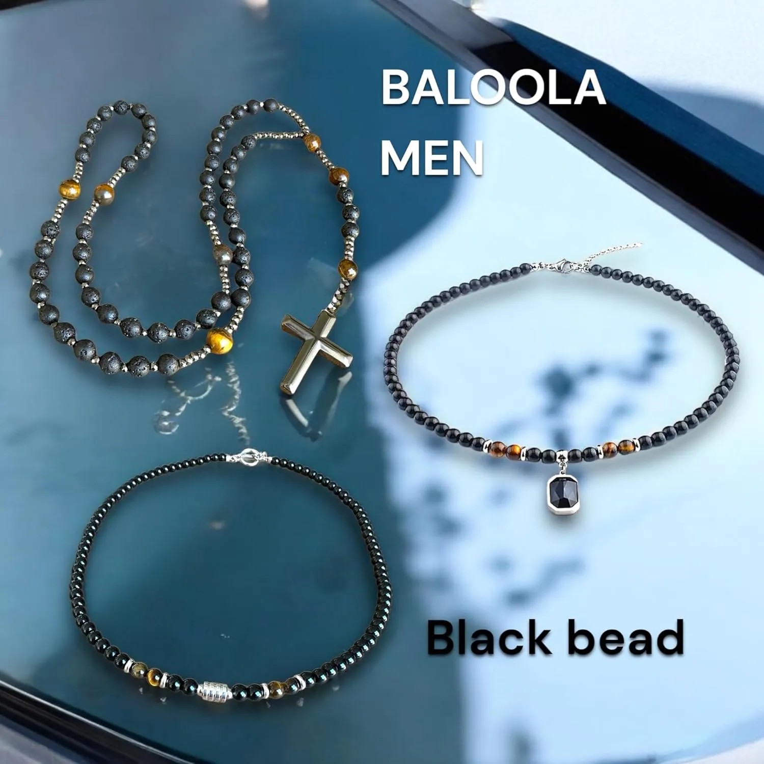 Black Bead Choker and Necklace for men, Tiger eye stone beads. Natural Stone Bead Necklaces for Men, Teenagers, Men necklace BALOOLA HANDCRAFTED jewelry. (Beads and square statement)