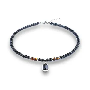 Black Bead Choker and Necklace for men, Tiger eye stone beads. Natural Stone Bead Necklaces for Men, Teenagers, Men necklace BALOOLA HANDCRAFTED jewelry. (Beads and square statement)