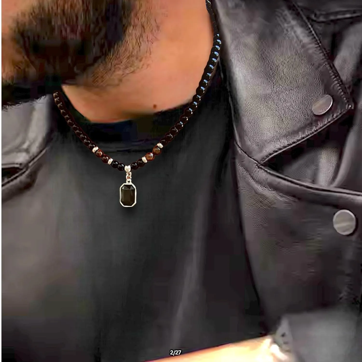Black Bead Choker and Necklace for men, Tiger eye stone beads. Natural Stone Bead Necklaces for Men, Teenagers, Men necklace BALOOLA HANDCRAFTED jewelry. (Beads and square statement)